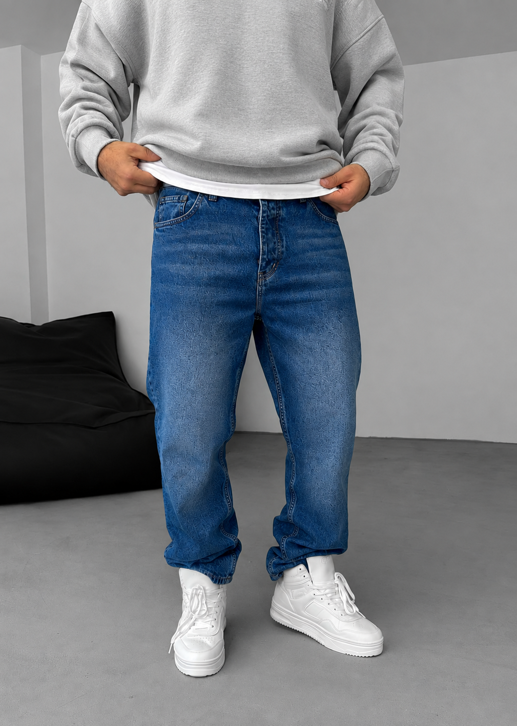 Baggy Denim Τζιν Παντελόνι Με Ραφές Και Ξεβαμμένο Εφέ – Μπλε