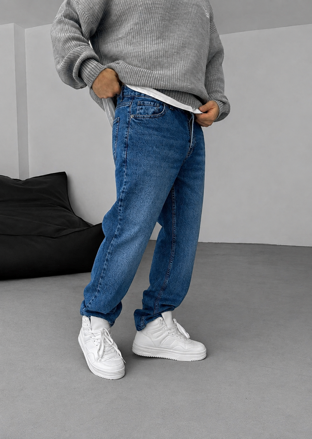 Baggy Denim Τζιν Παντελόνι Με Ραφές Και Ξεβαμμένο Εφέ – Μπλε
