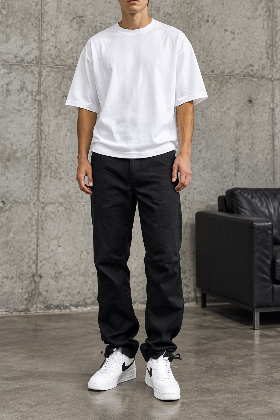 Ανδρικό βαμβακερό παντελόνι workwear με ραφές στα γόνατα και λουράκια σε μαύρο