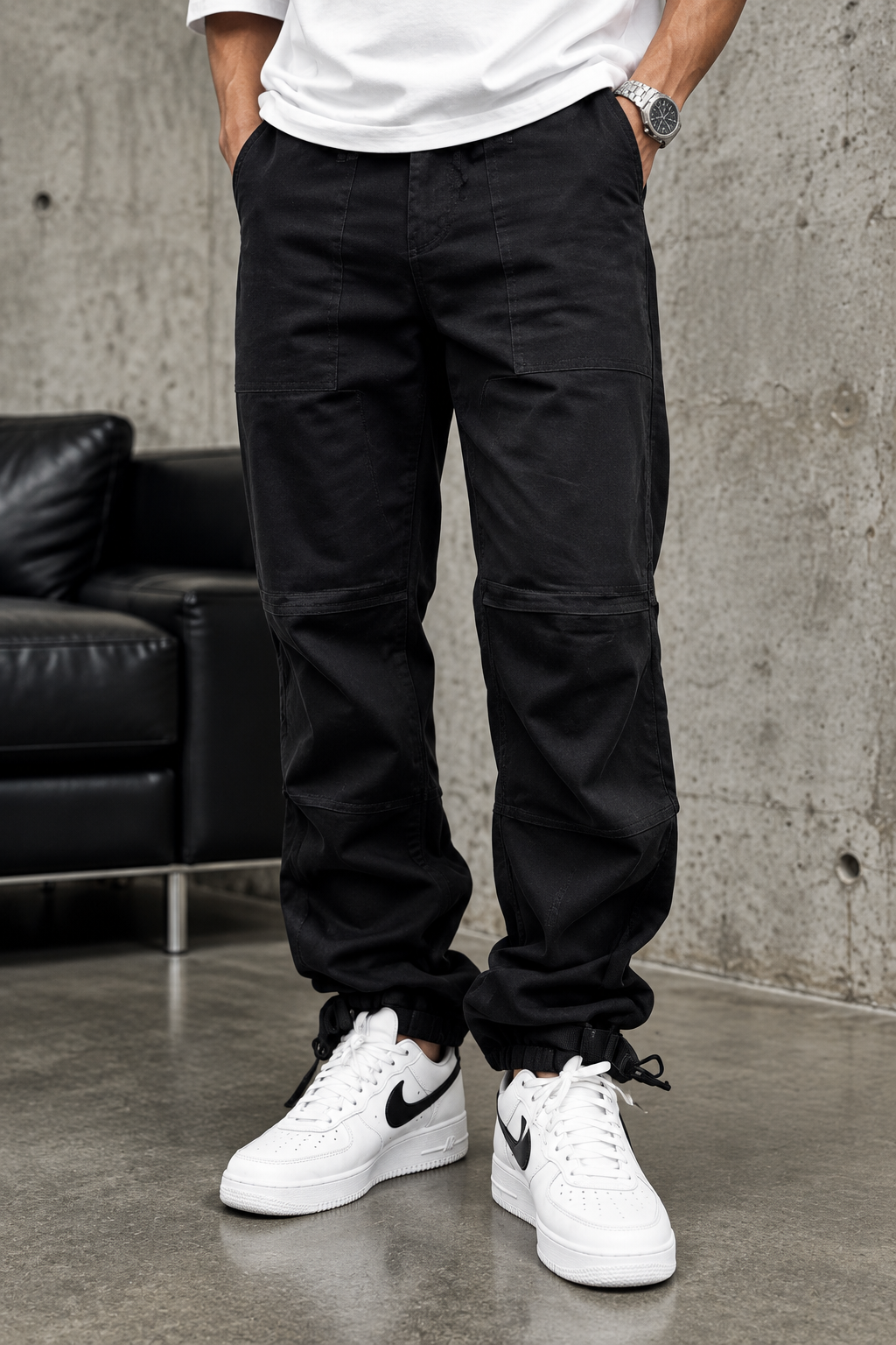 Ανδρικό βαμβακερό παντελόνι workwear με ραφές στα γόνατα και λουράκια σε μαύρο