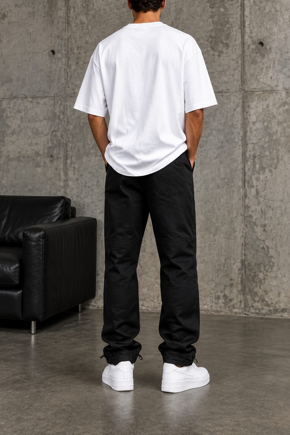 Ανδρικό βαμβακερό παντελόνι workwear με ραφές στα γόνατα και λουράκια σε μαύρο