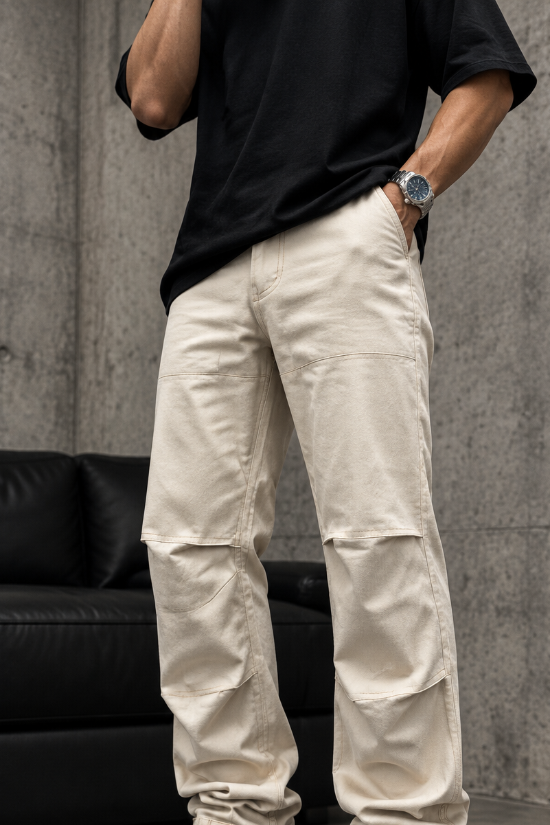 Ανδρικό βαμβακερό παντελόνι workwear με ραφές στα γόνατα και λουράκια σε μπεζ