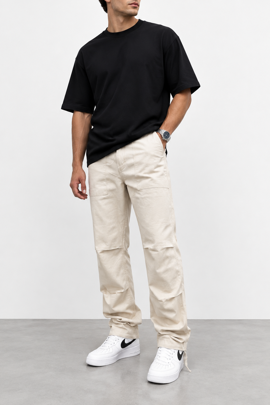 Ανδρικό βαμβακερό παντελόνι workwear με ραφές στα γόνατα και λουράκια σε μπεζ