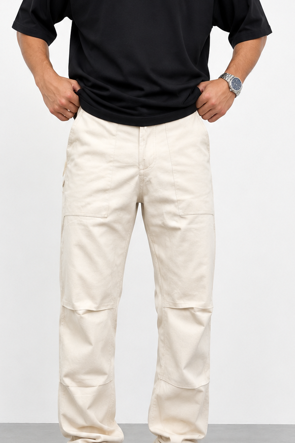 Ανδρικό βαμβακερό παντελόνι workwear με ραφές στα γόνατα και λουράκια σε μπεζ