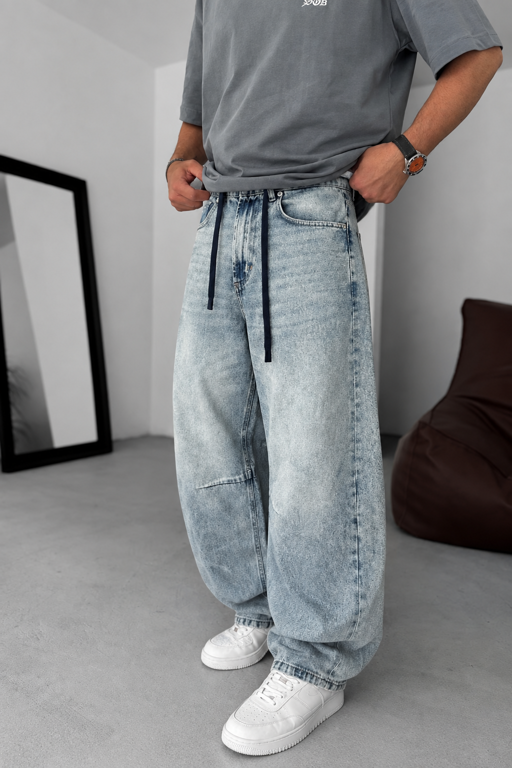 Τζιν Παντελόνι Baggy Balloon με Κορδόνι –  Ξεβαμμένο Γαλάζιο