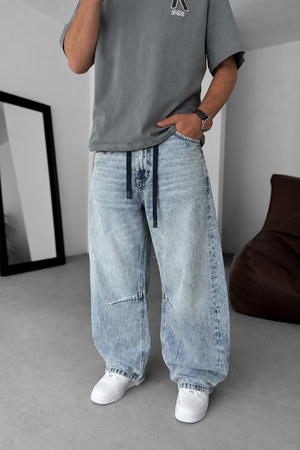 Τζιν Παντελόνι Baggy Balloon με Κορδόνι –  Ξεβαμμένο Γαλάζιο