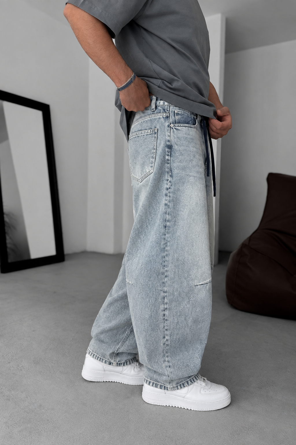 Τζιν Παντελόνι Baggy Balloon με Κορδόνι –  Ξεβαμμένο Γαλάζιο