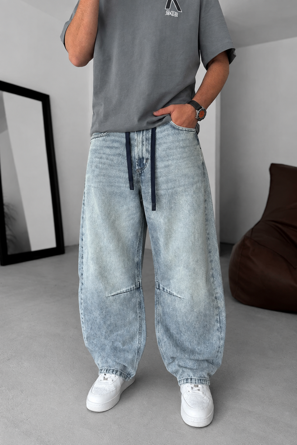 Τζιν Παντελόνι Baggy Balloon με Κορδόνι –  Ξεβαμμένο Γαλάζιο