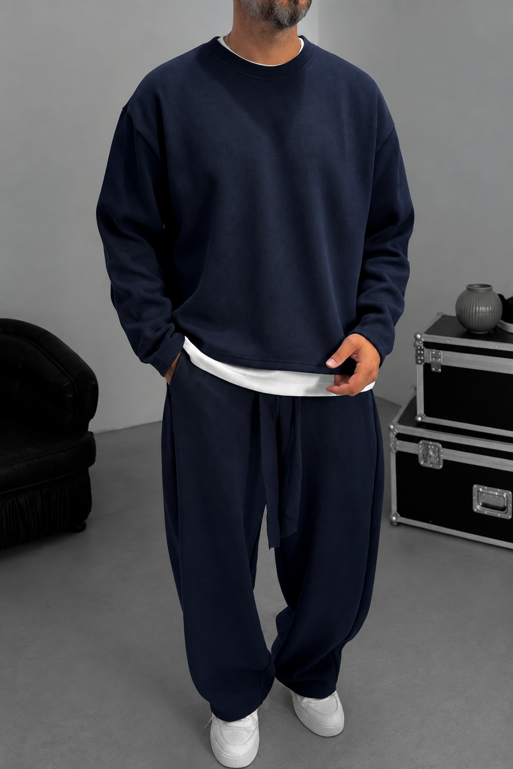 Σετ Φόρμας Ribbed Knit Boxy Fit με Κορδόνι – Σκούρο  Μπλε