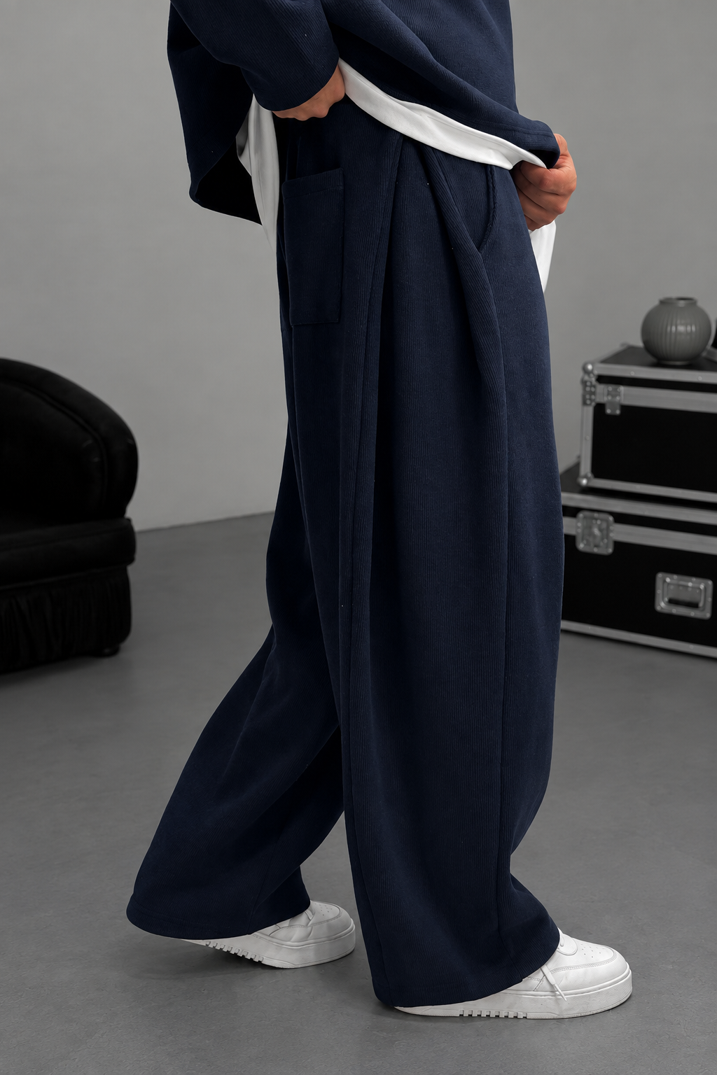 Σετ Φόρμας Ribbed Knit Boxy Fit με Κορδόνι – Σκούρο  Μπλε