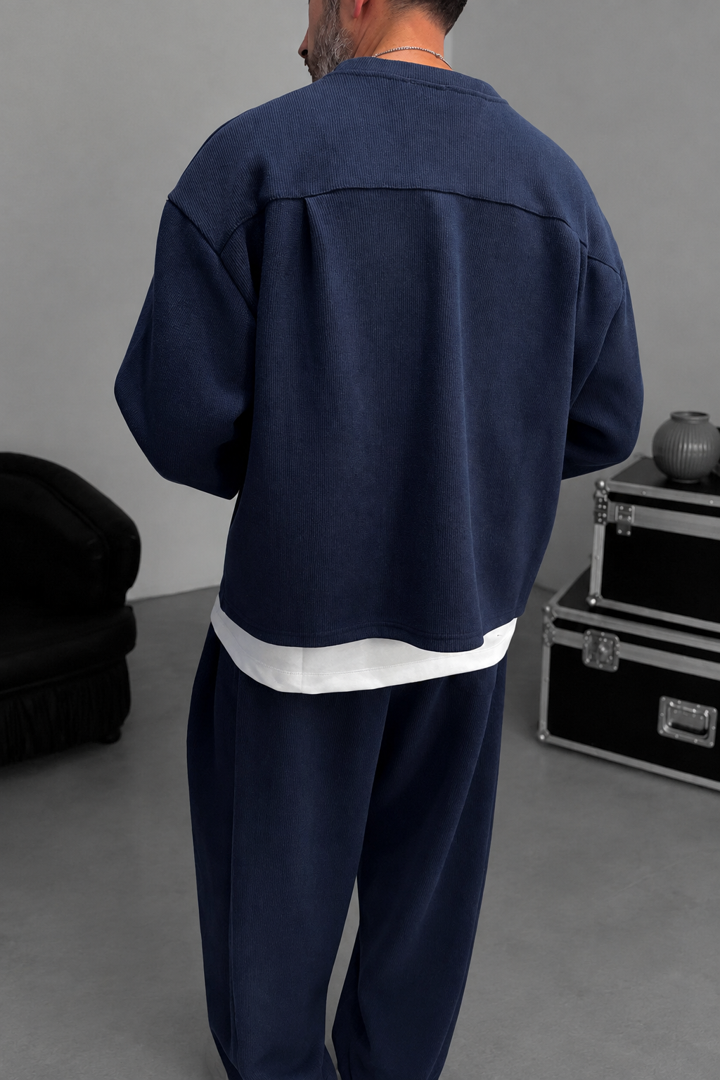 Σετ Φόρμας Ribbed Knit Boxy Fit με Κορδόνι – Σκούρο  Μπλε
