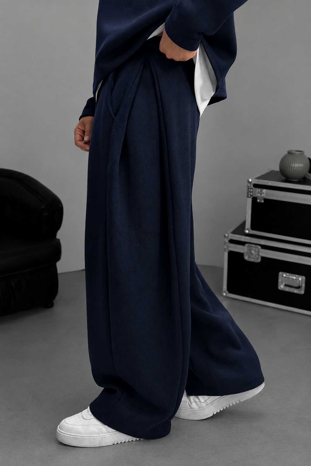 Σετ Φόρμας Ribbed Knit Boxy Fit με Κορδόνι – Σκούρο  Μπλε