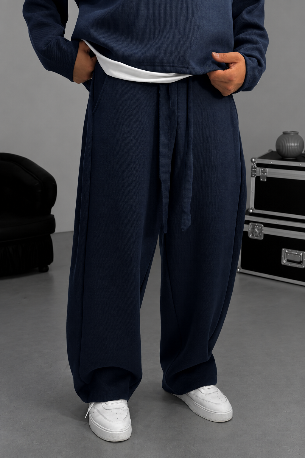 Σετ Φόρμας Ribbed Knit Boxy Fit με Κορδόνι – Σκούρο  Μπλε