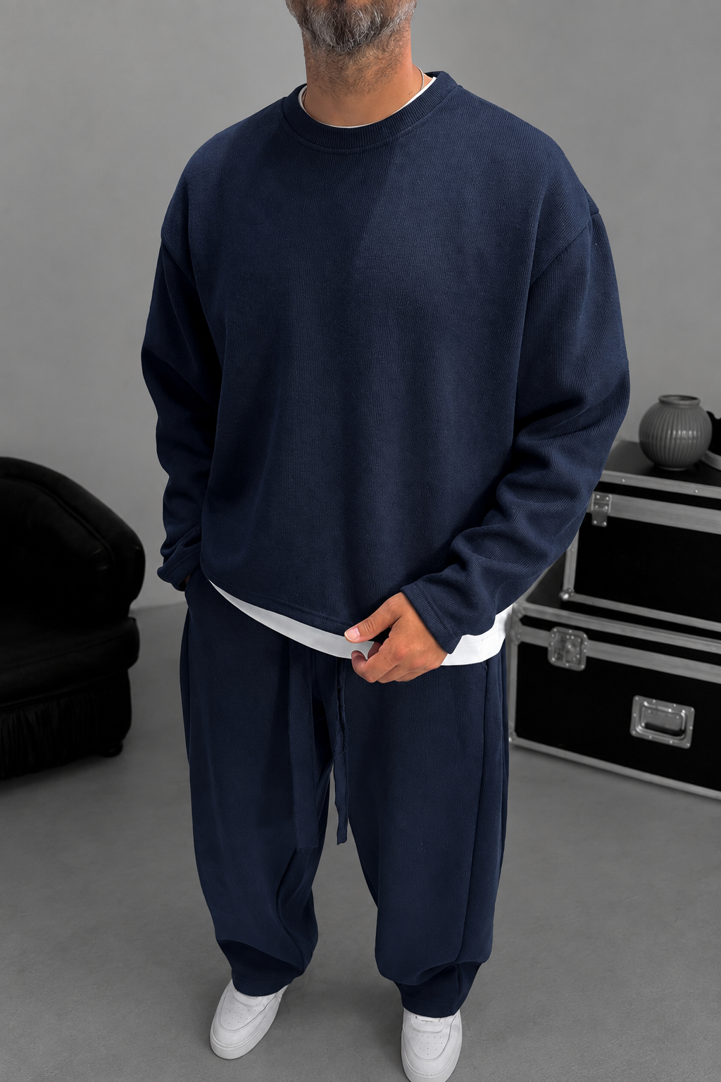 Σετ Φόρμας Ribbed Knit Boxy Fit με Κορδόνι – Σκούρο  Μπλε