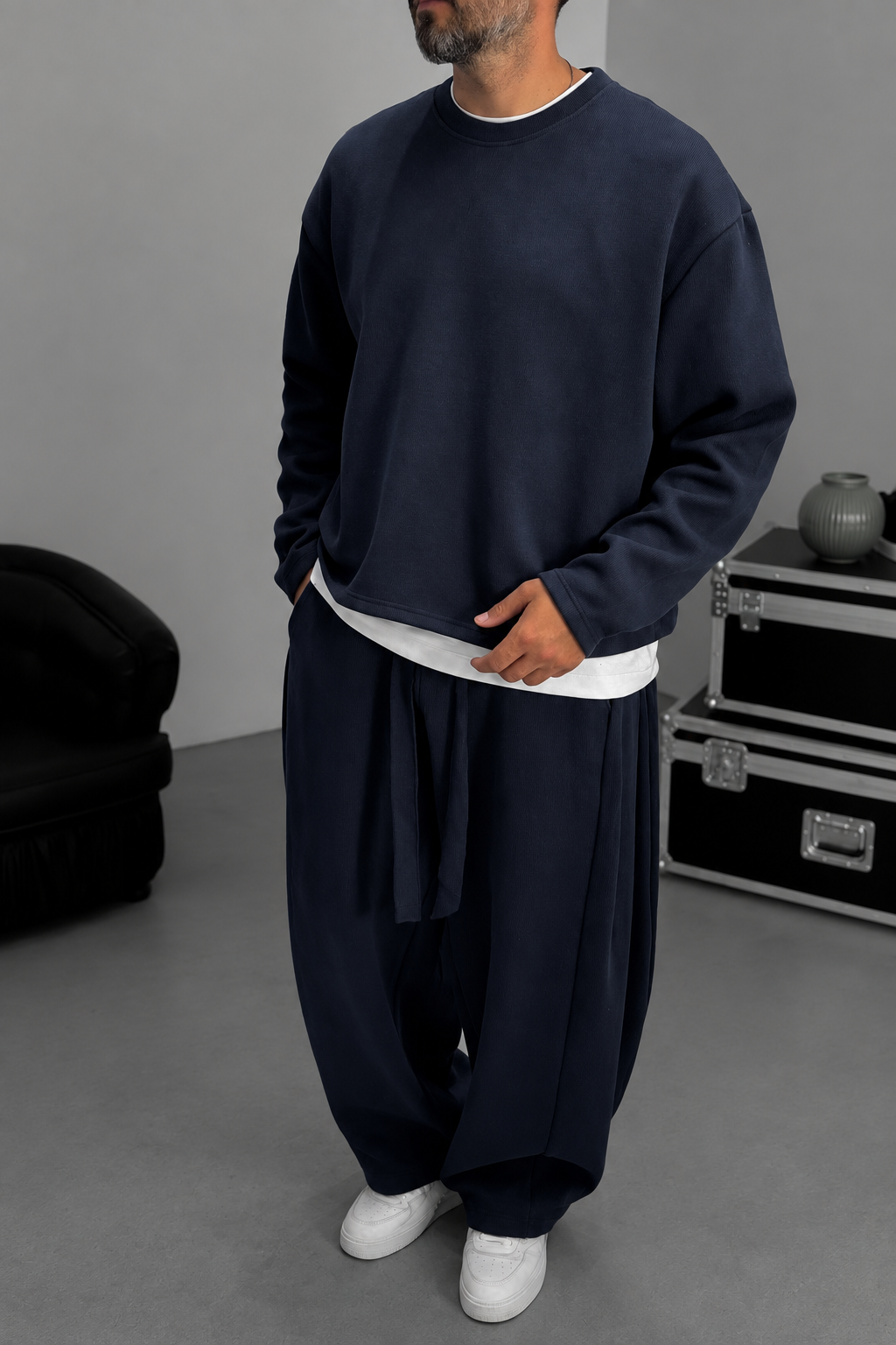 Σετ Φόρμας Ribbed Knit Boxy Fit με Κορδόνι – Σκούρο  Μπλε