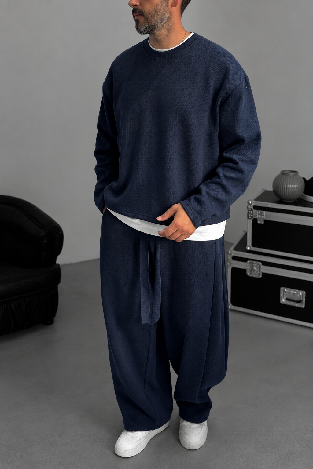 Σετ Φόρμας Ribbed Knit Boxy Fit με Κορδόνι – Σκούρο  Μπλε