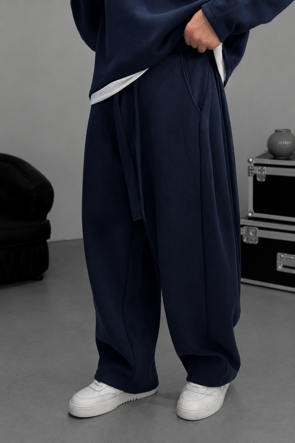 Σετ Φόρμας Ribbed Knit Boxy Fit με Κορδόνι – Σκούρο  Μπλε