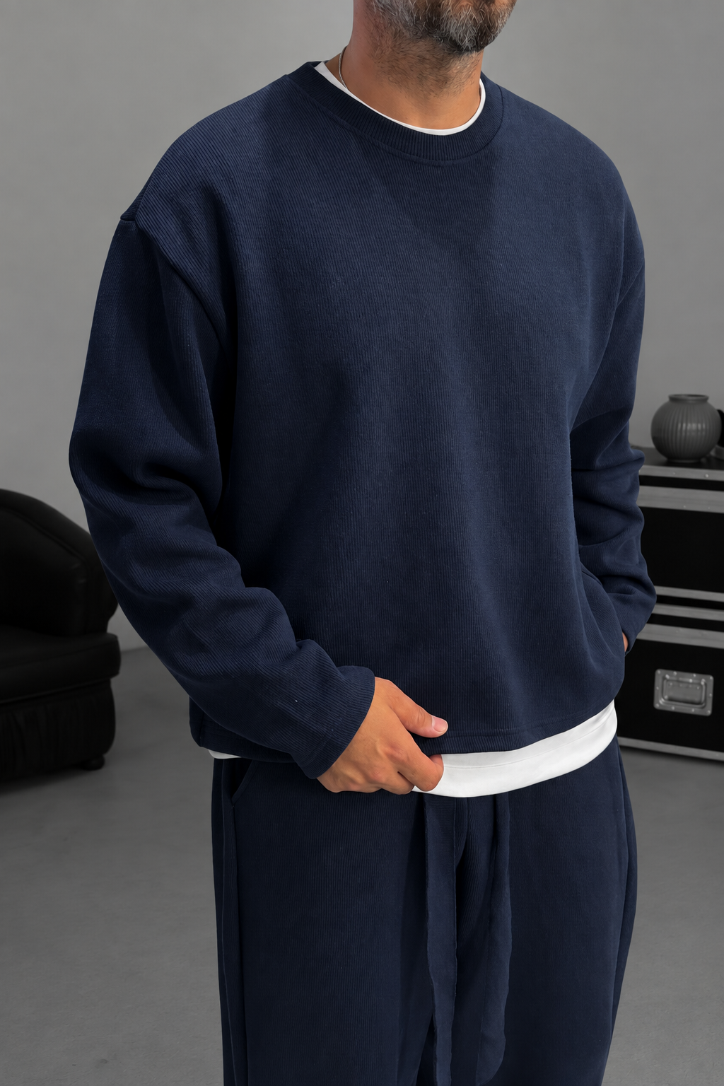 Σετ Φόρμας Ribbed Knit Boxy Fit με Κορδόνι – Σκούρο  Μπλε
