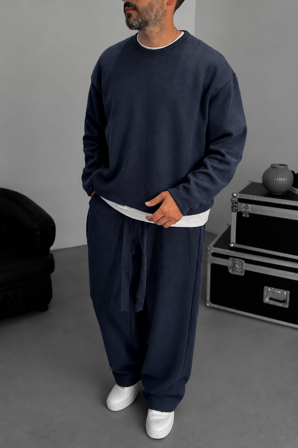Σετ Φόρμας Ribbed Knit Boxy Fit με Κορδόνι – Σκούρο  Μπλε