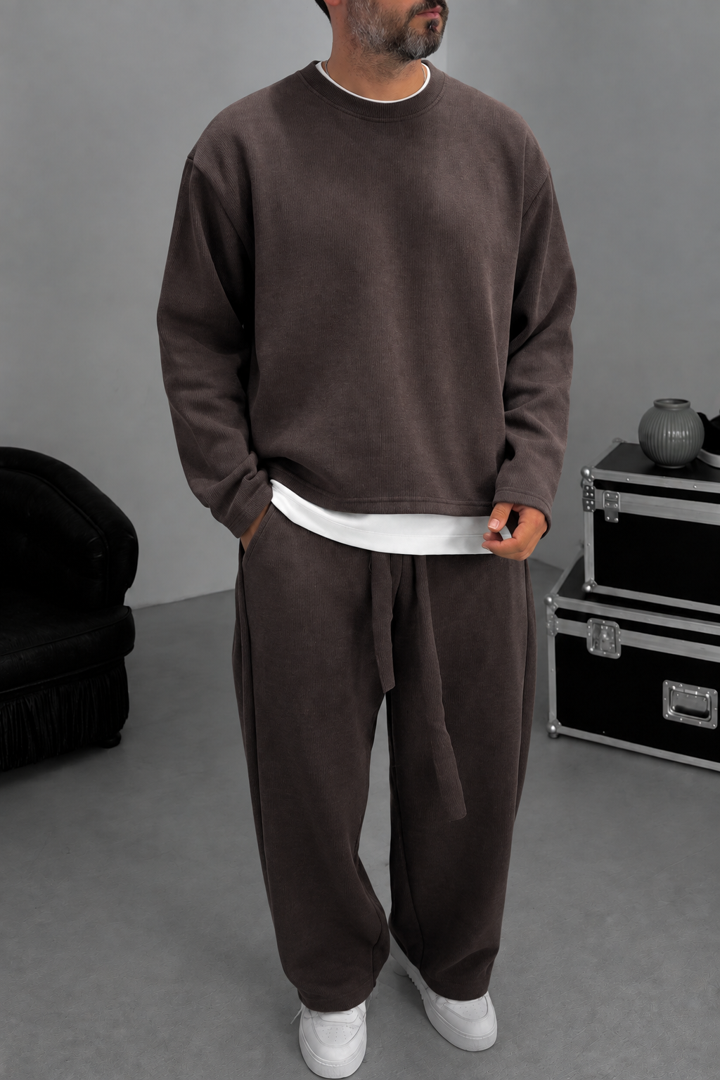 Σετ Φόρμας Ribbed Knit Boxy Fit με Κορδόνι – Καφέ