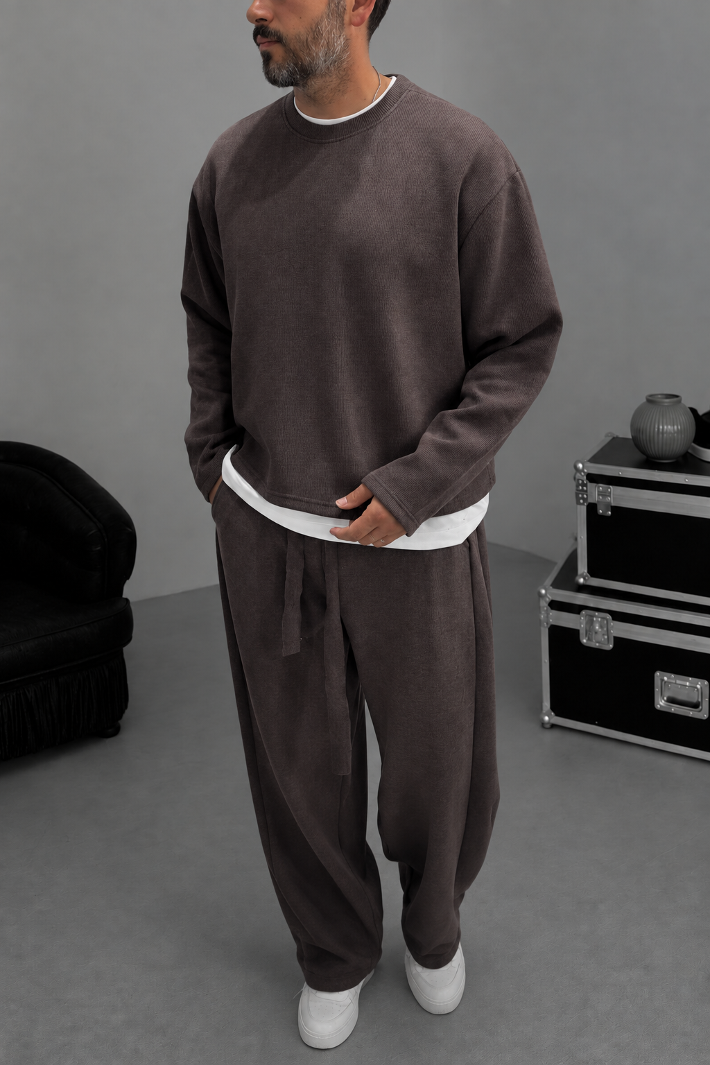 Σετ Φόρμας Ribbed Knit Boxy Fit με Κορδόνι – Καφέ