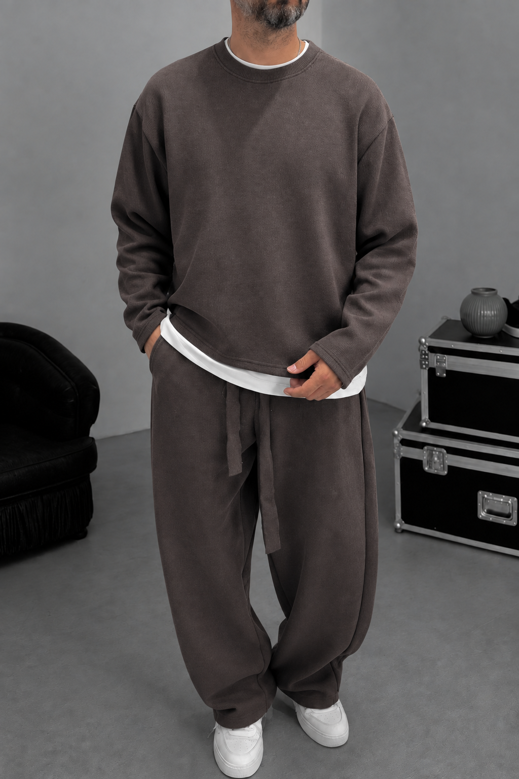 Σετ Φόρμας Ribbed Knit Boxy Fit με Κορδόνι – Καφέ