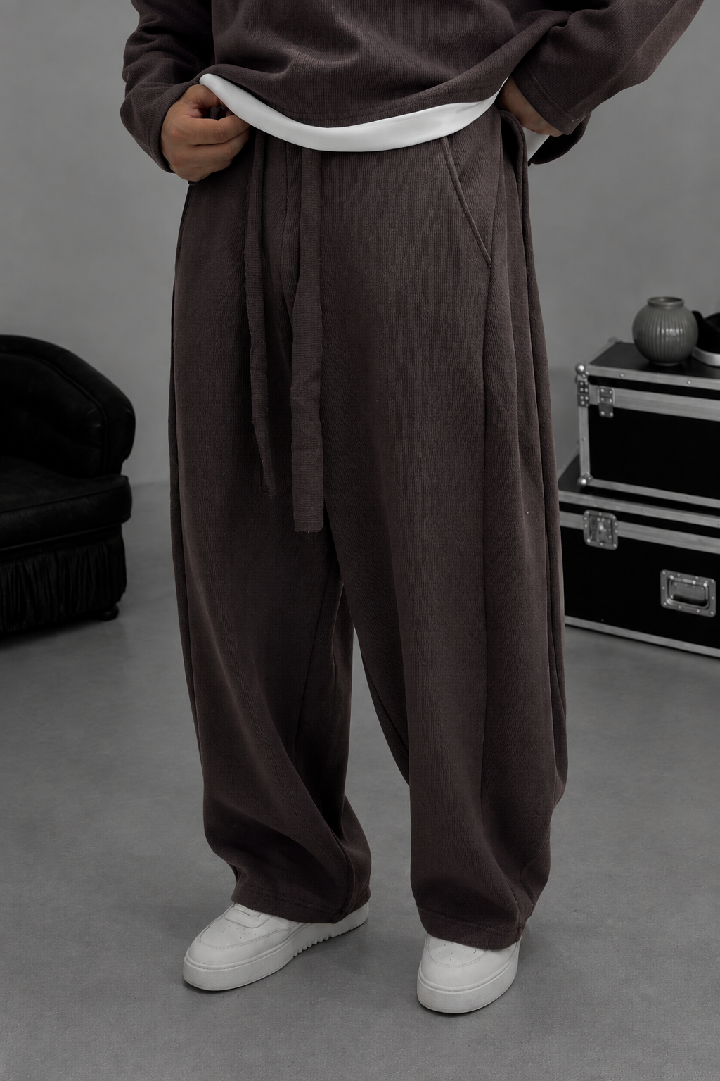 Σετ Φόρμας Ribbed Knit Boxy Fit με Κορδόνι – Καφέ