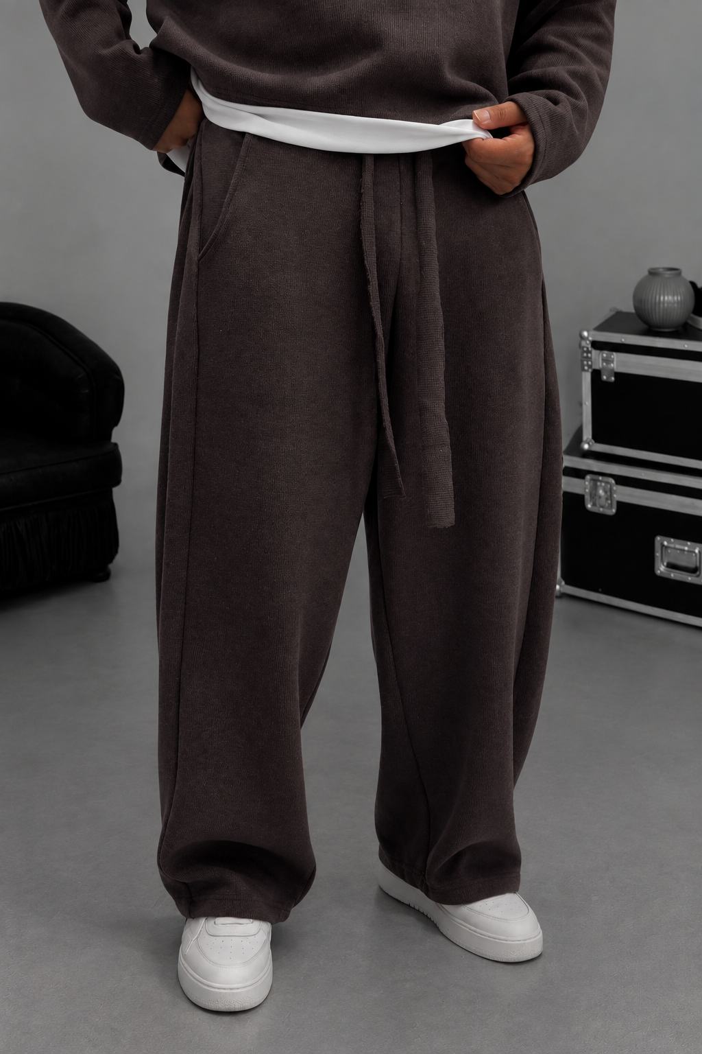 Σετ Φόρμας Ribbed Knit Boxy Fit με Κορδόνι – Καφέ