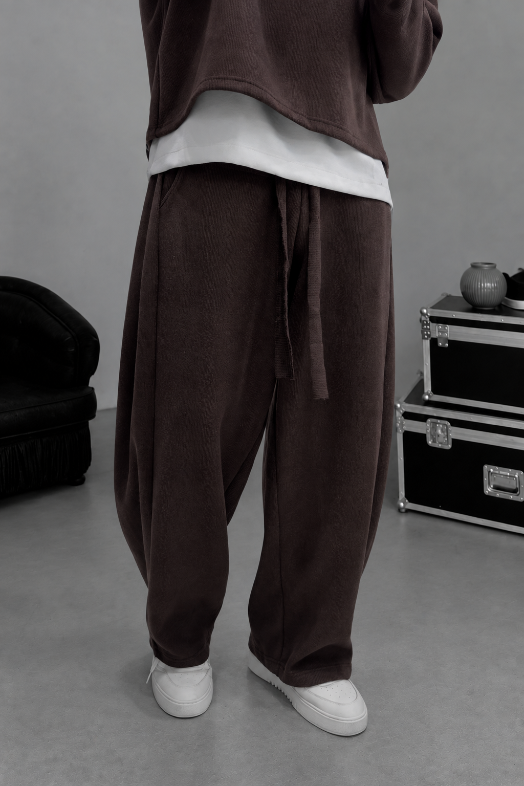 Σετ Φόρμας Ribbed Knit Boxy Fit με Κορδόνι – Καφέ