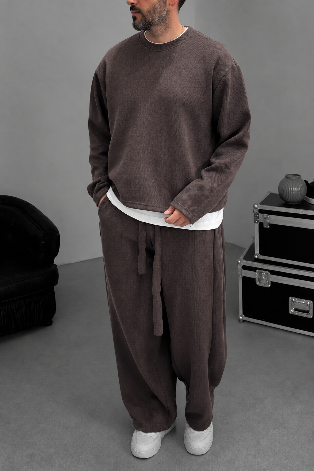 Σετ Φόρμας Ribbed Knit Boxy Fit με Κορδόνι – Καφέ