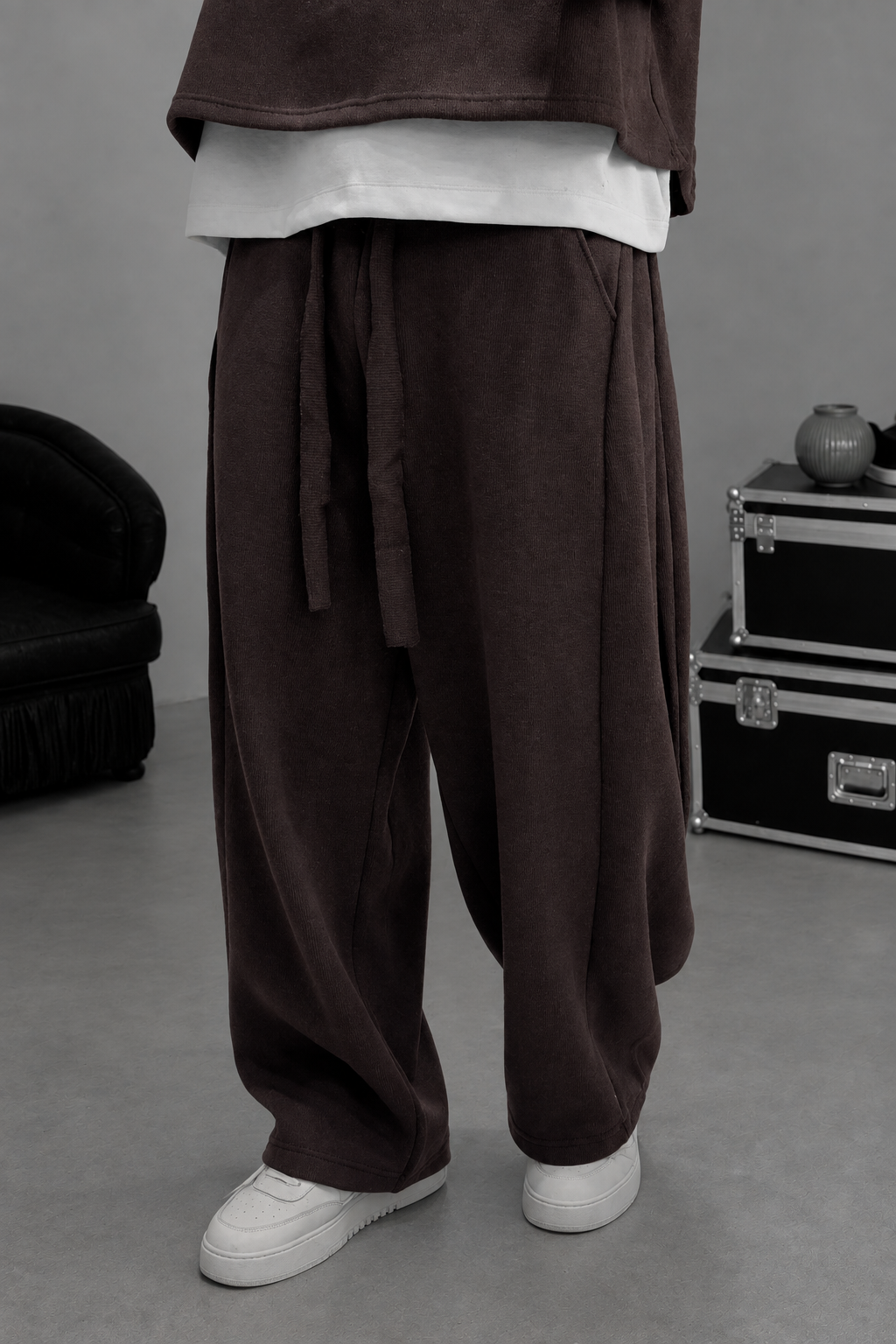 Σετ Φόρμας Ribbed Knit Boxy Fit με Κορδόνι – Καφέ