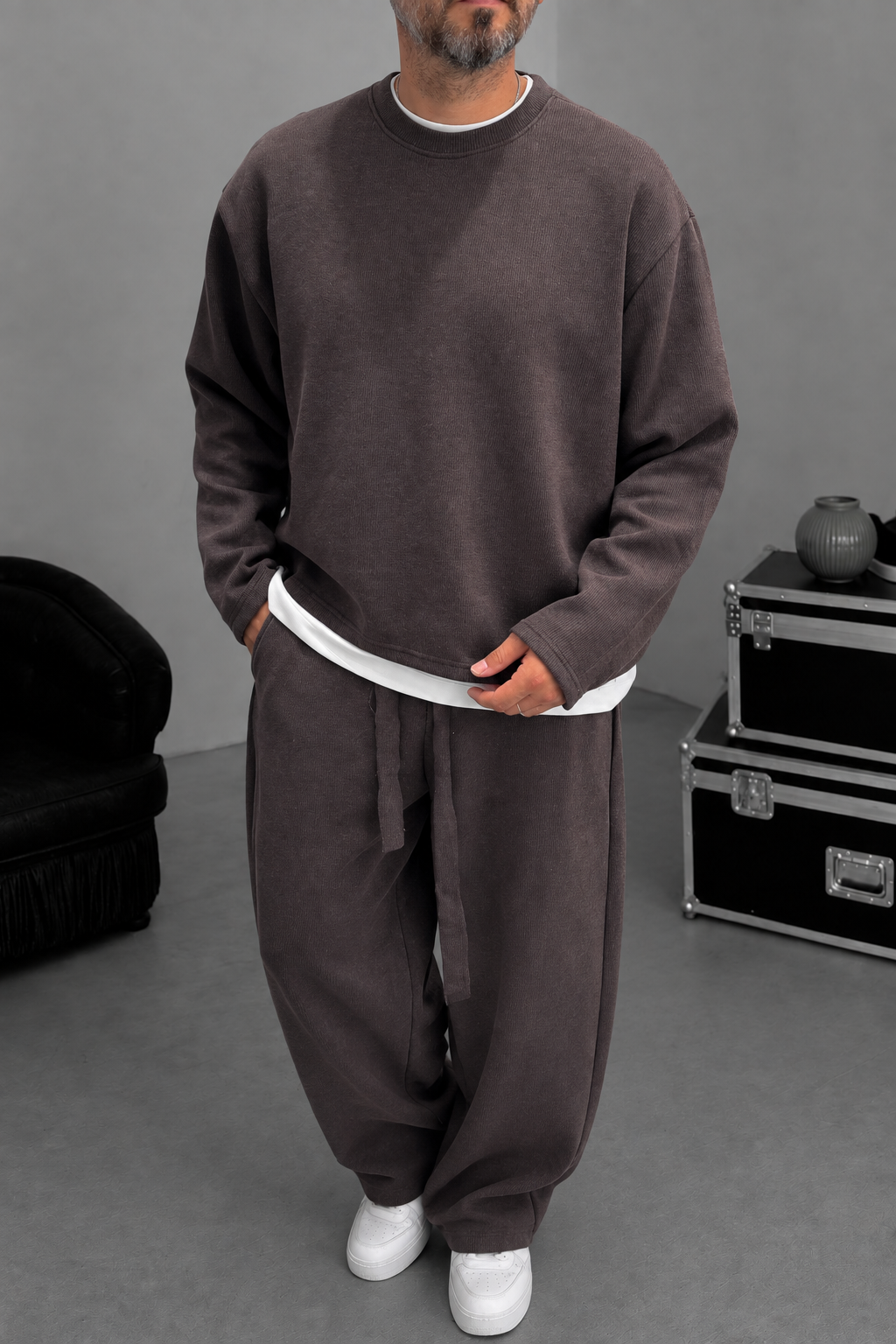 Σετ Φόρμας Ribbed Knit Boxy Fit με Κορδόνι – Καφέ