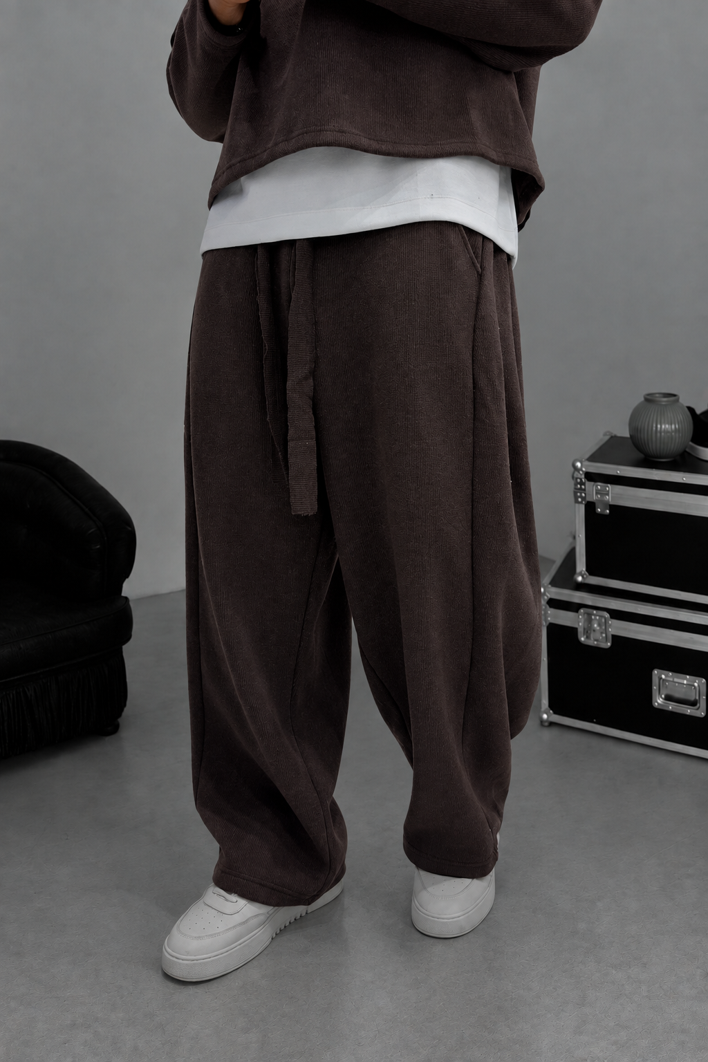 Σετ Φόρμας Ribbed Knit Boxy Fit με Κορδόνι – Καφέ