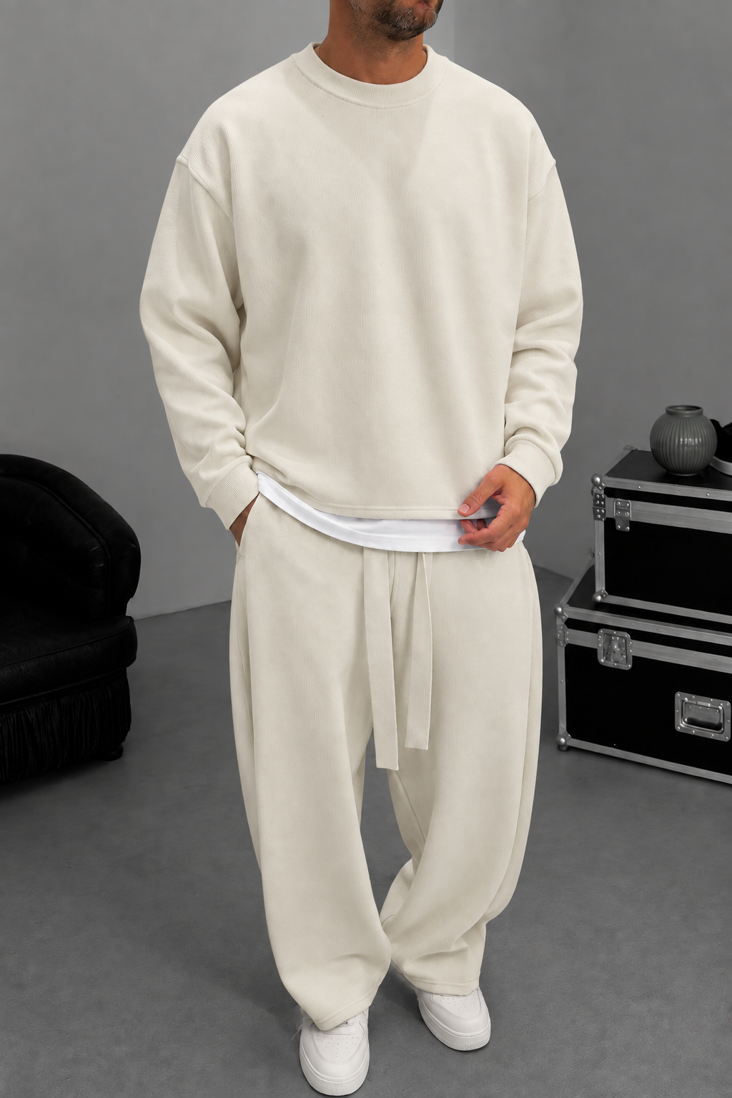 Σετ Φόρμας Ribbed Knit Boxy Fit με Κορδόνι – Μπεζ-Εκρού