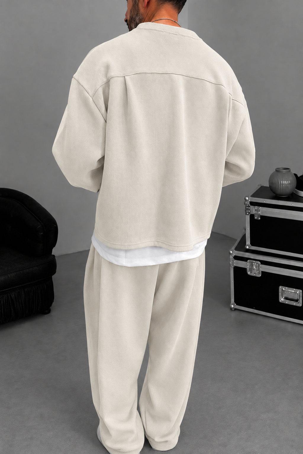 Σετ Φόρμας Ribbed Knit Boxy Fit με Κορδόνι – Μπεζ-Εκρού