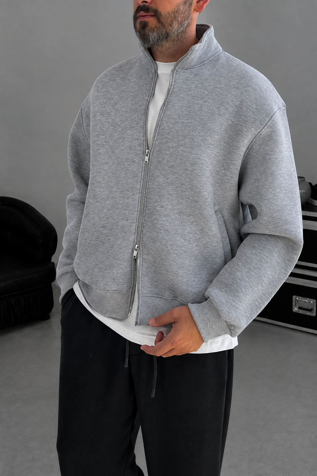 Ζακέτα Φούτερ Crop Premium Boxy Fit με Ψηλό Γιακά & Φερμουάρ Με Εσωτερική Επένδυση – Γκρι