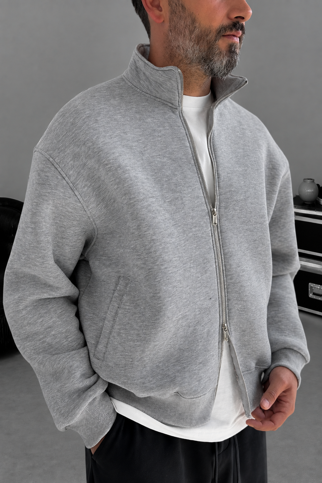 Ζακέτα Φούτερ Crop Premium Boxy Fit με Ψηλό Γιακά & Φερμουάρ Με Εσωτερική Επένδυση – Γκρι