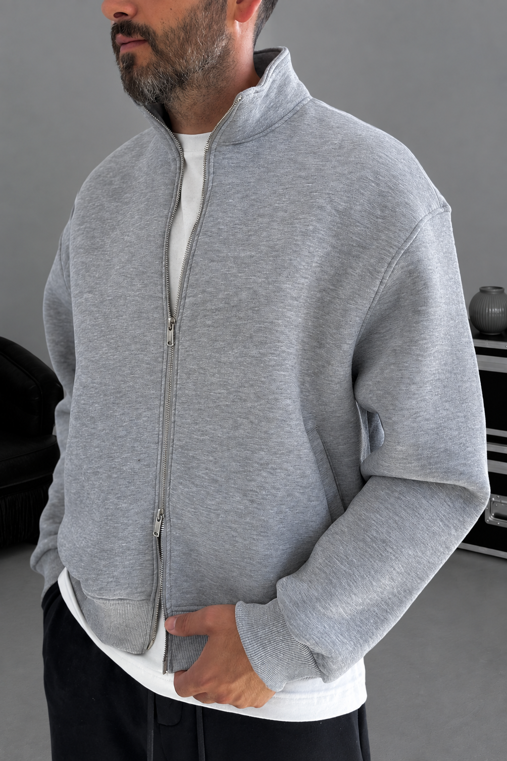 Ζακέτα Φούτερ Crop Premium Boxy Fit με Ψηλό Γιακά & Φερμουάρ Με Εσωτερική Επένδυση – Γκρι