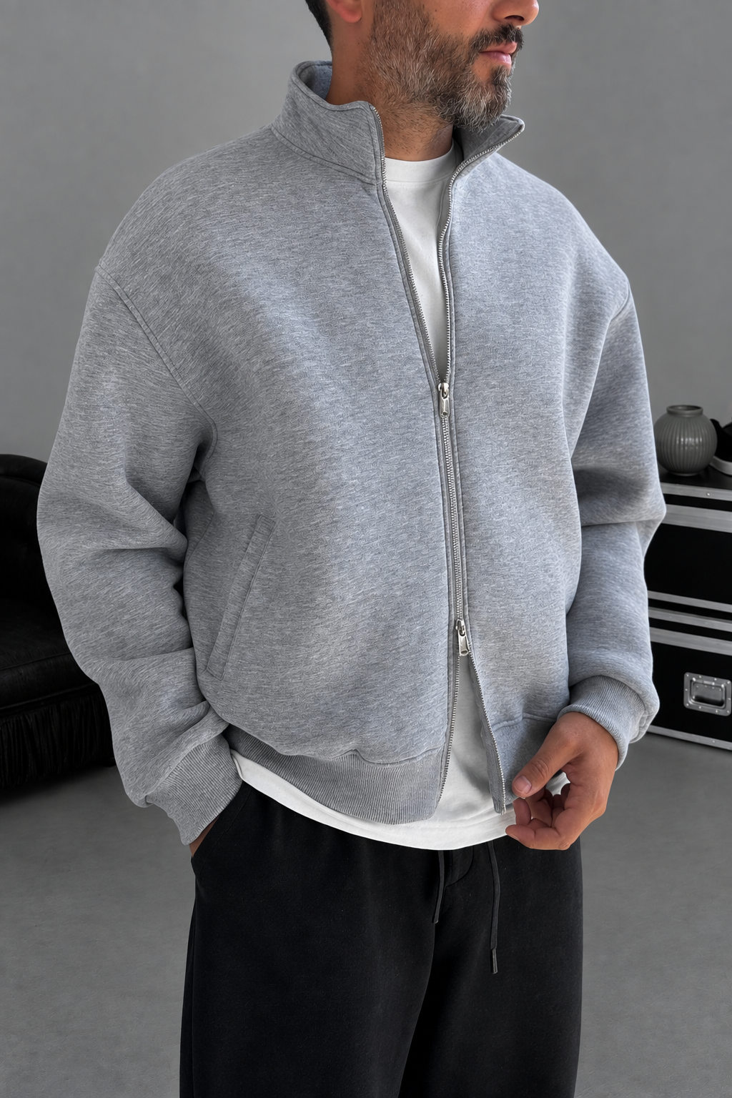 Ζακέτα Φούτερ Crop Premium Boxy Fit με Ψηλό Γιακά & Φερμουάρ Με Εσωτερική Επένδυση – Γκρι