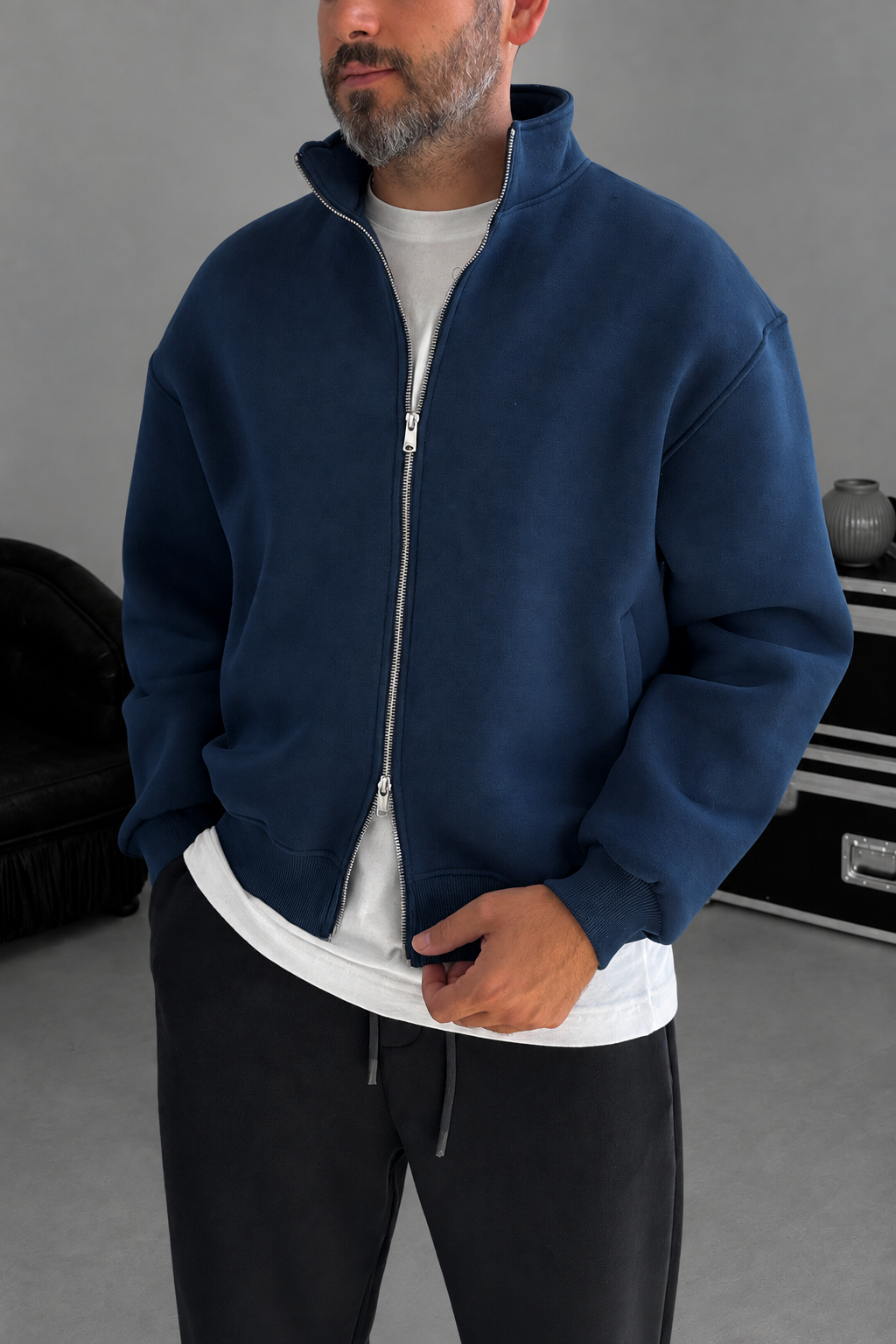 Ζακέτα Φούτερ Crop Premium Boxy Fit με Ψηλό Γιακά & Φερμουάρ Με Εσωτερική Επένδυση – Μπλε Πετρόλ