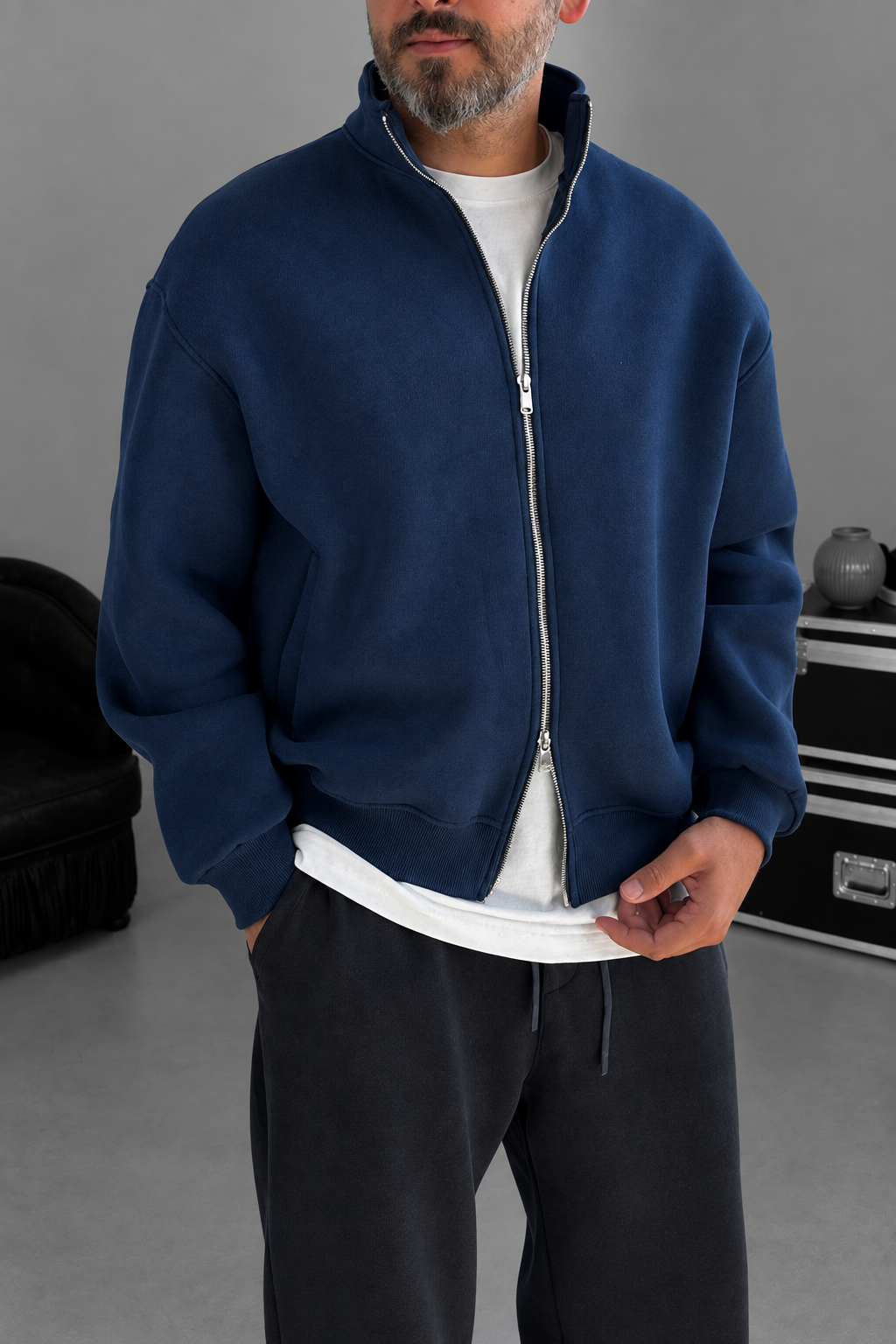 Ζακέτα Φούτερ Crop Premium Boxy Fit με Ψηλό Γιακά & Φερμουάρ Με Εσωτερική Επένδυση – Μπλε Πετρόλ