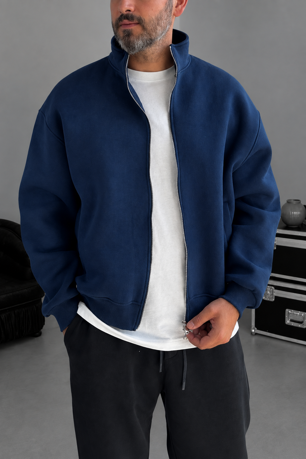 Ζακέτα Φούτερ Crop Premium Boxy Fit με Ψηλό Γιακά & Φερμουάρ Με Εσωτερική Επένδυση – Μπλε Πετρόλ