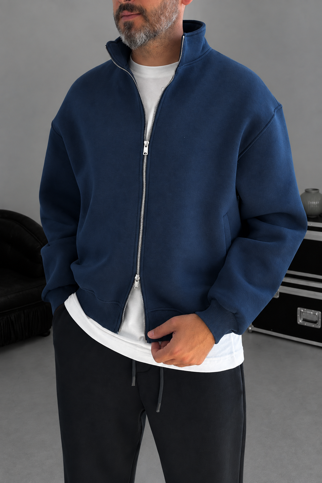 Ζακέτα Φούτερ Crop Premium Boxy Fit με Ψηλό Γιακά & Φερμουάρ Με Εσωτερική Επένδυση – Μπλε Πετρόλ