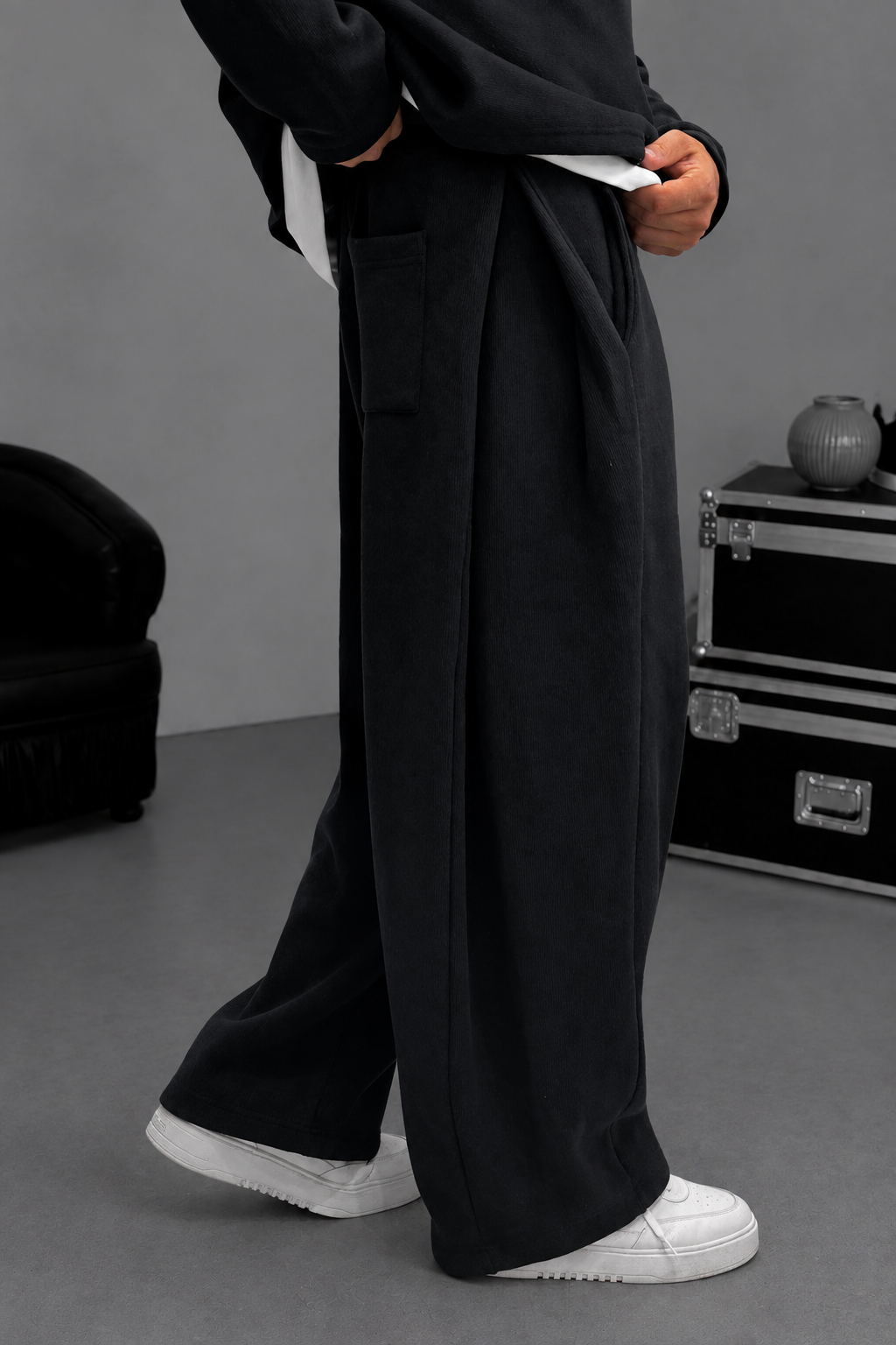 Σετ Φόρμας Με Κουκούλα  Ribbed Knit Boxy Fit με Κορδόνι – Μαύρο