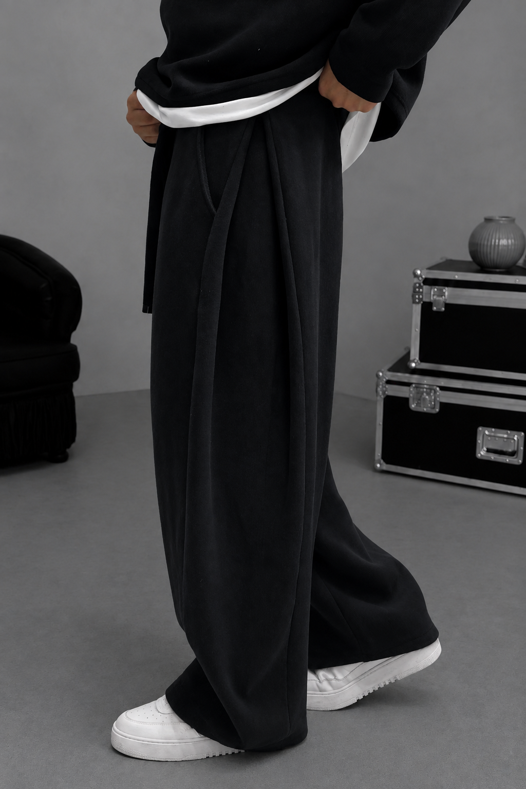 Σετ Φόρμας Με Κουκούλα  Ribbed Knit Boxy Fit με Κορδόνι – Μαύρο