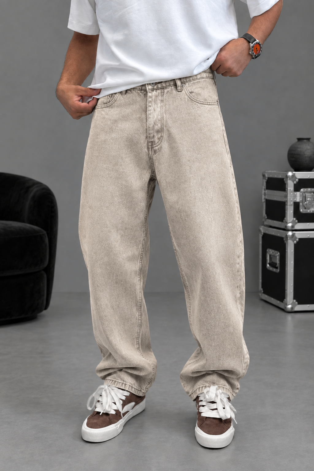 Men's relaxed baggy jeans in sand