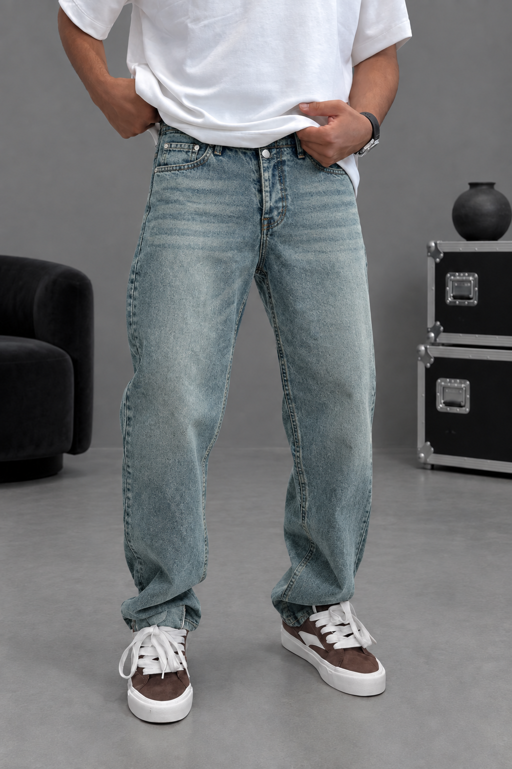 Baggy Παντελόνι Τζιν Με Stonewash – Γαλάζιο πεπαλαιωμένο