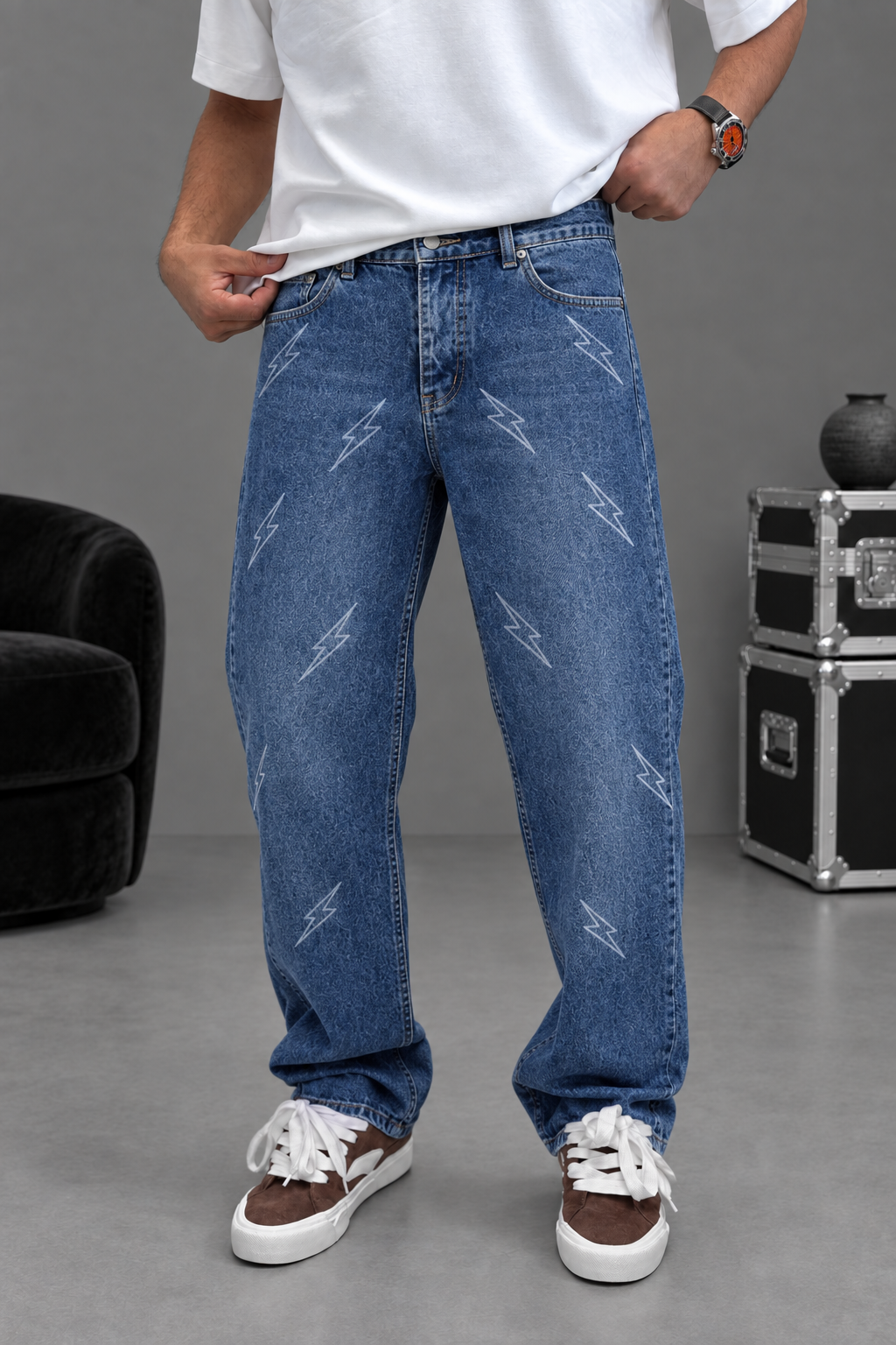 Baggy Straight-Leg Jeans with All-Over Lightning Print
