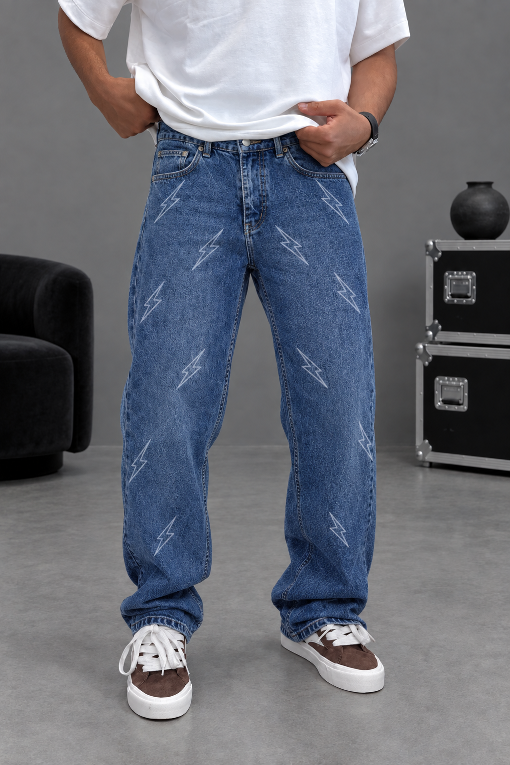 Baggy Straight-Leg Jeans with All-Over Lightning Print