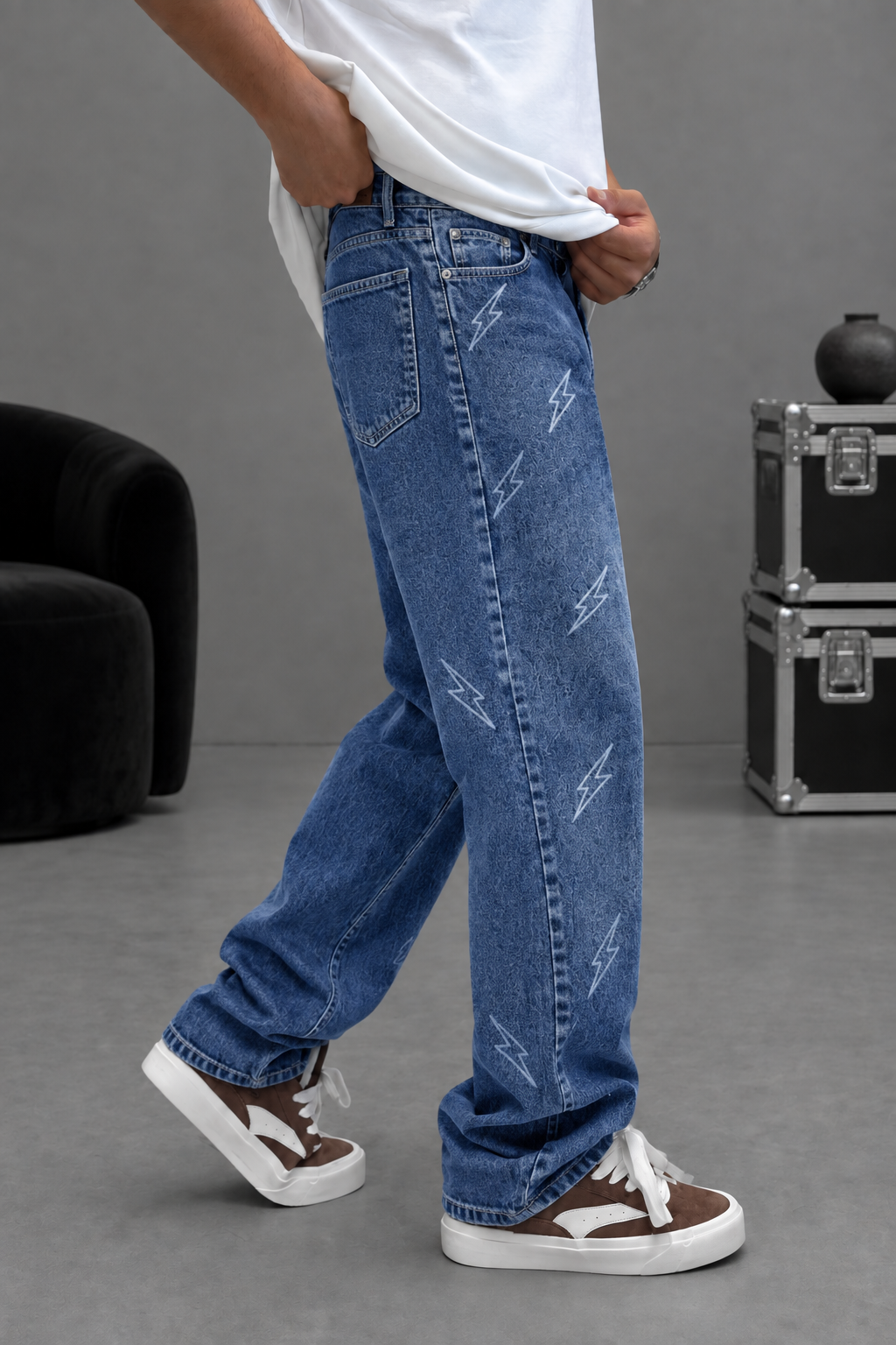 Baggy Straight-Leg Jeans with All-Over Lightning Print